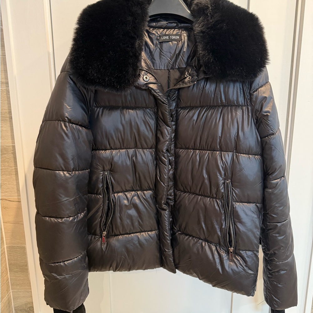 Love Token Charcoal Puffer Jacket with Faux Fur Collar